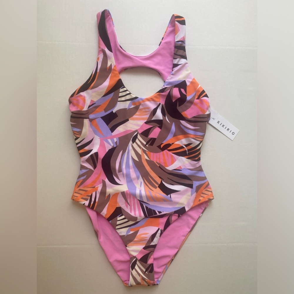 KIKIRIO Reversible Cut Out One Piece Swimsuit Size M NWT Pink Tropical Print Y2K